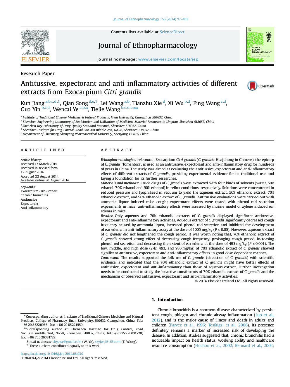 Antitussive, expectorant and anti-inflammatory activities of different extracts from Exocarpium Citri grandis