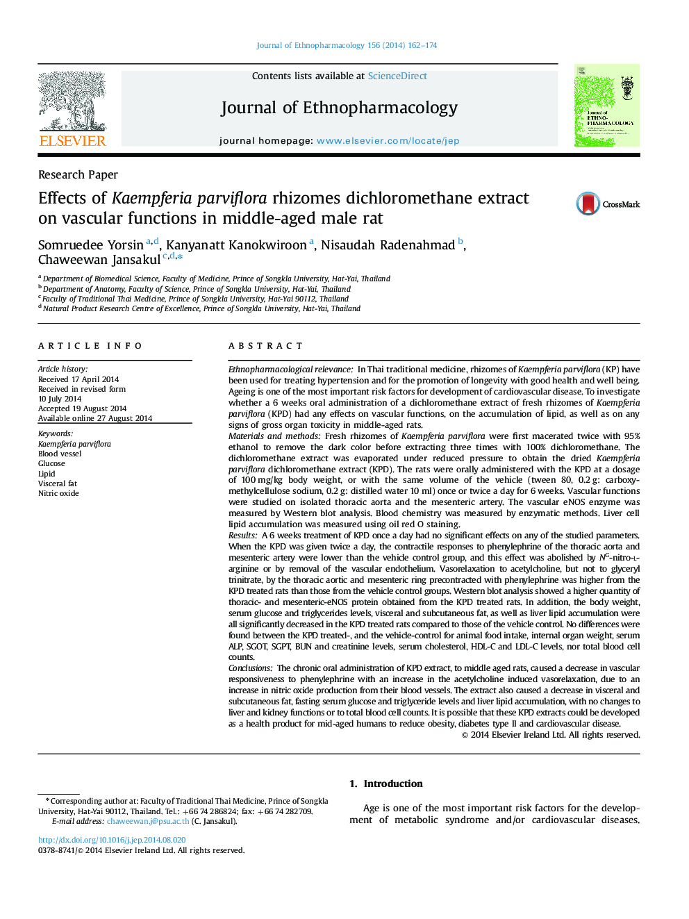 Effects of Kaempferia parviflora rhizomes dichloromethane extract on vascular functions in middle-aged male rat