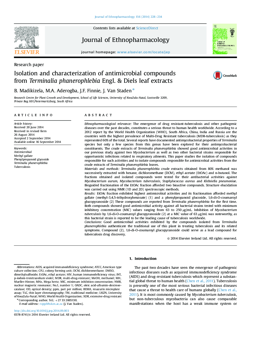 Isolation and characterization of antimicrobial compounds from Terminalia phanerophlebia Engl. & Diels leaf extracts