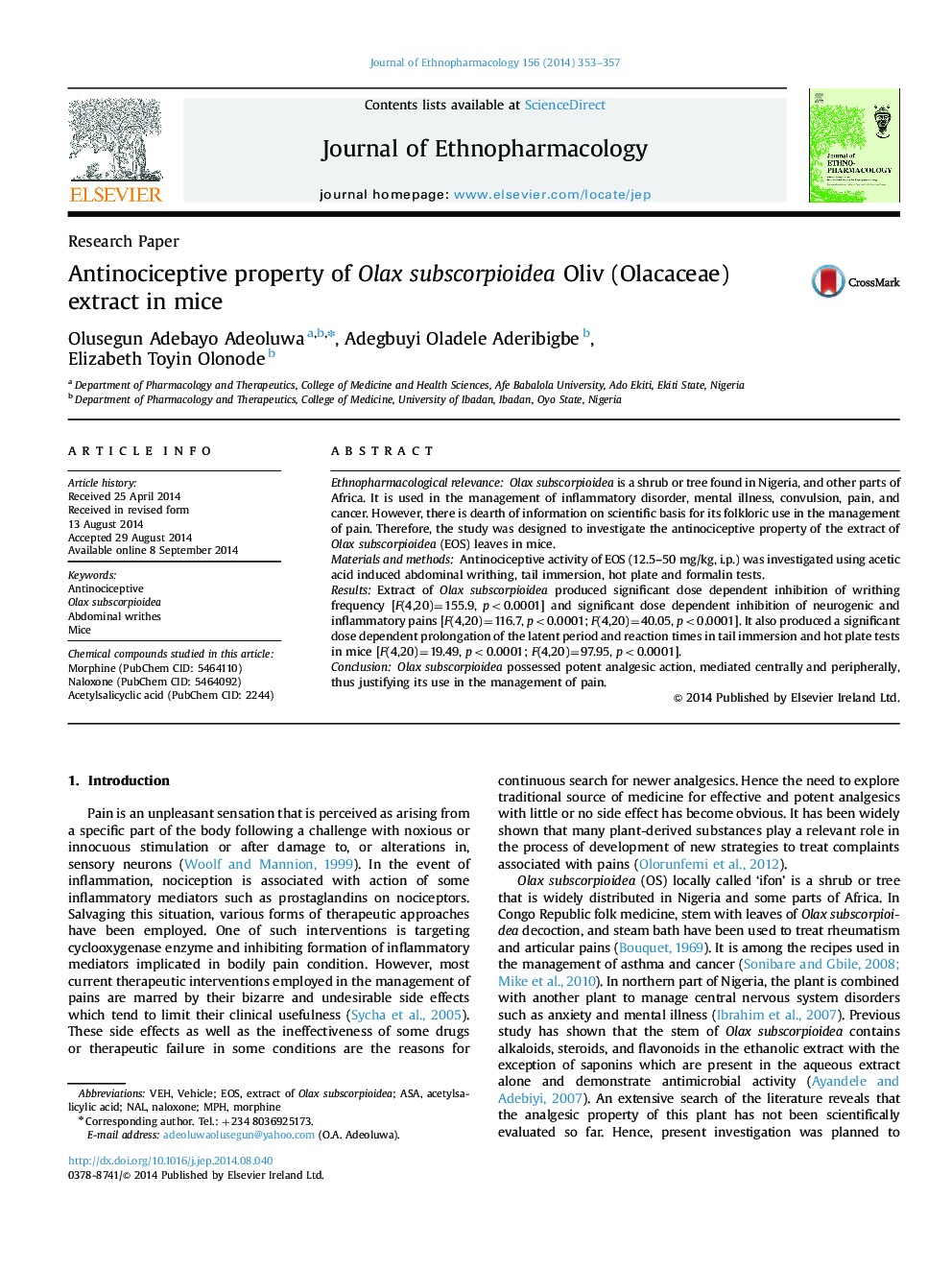 Antinociceptive property of Olax subscorpioidea Oliv (Olacaceae) extract in mice