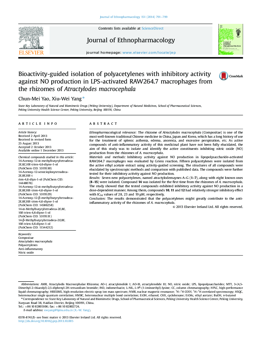 Bioactivity-guided isolation of polyacetylenes with inhibitory activity against NO production in LPS-activated RAW264.7 macrophages from the rhizomes of Atractylodes macrocephala