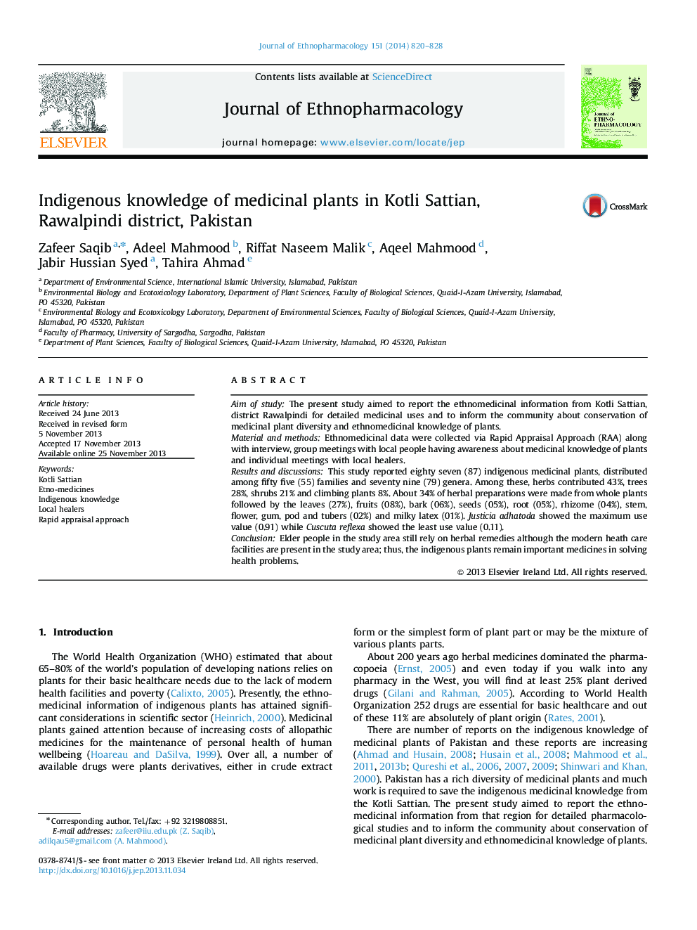 Indigenous knowledge of medicinal plants in Kotli Sattian, Rawalpindi district, Pakistan