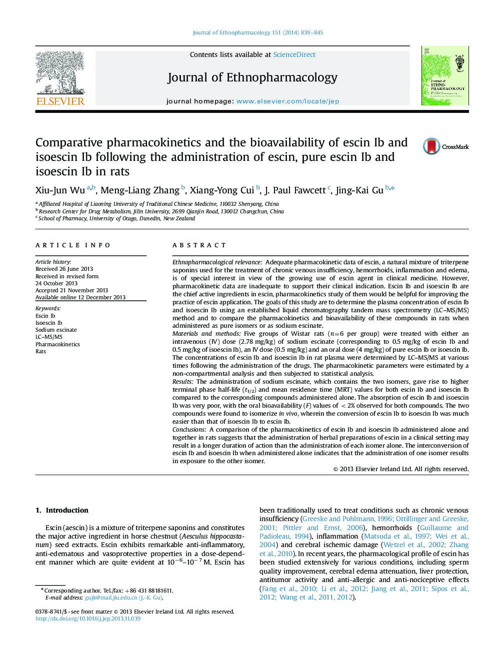 Comparative pharmacokinetics and the bioavailability of escin Ib and isoescin Ib following the administration of escin, pure escin Ib and isoescin Ib in rats