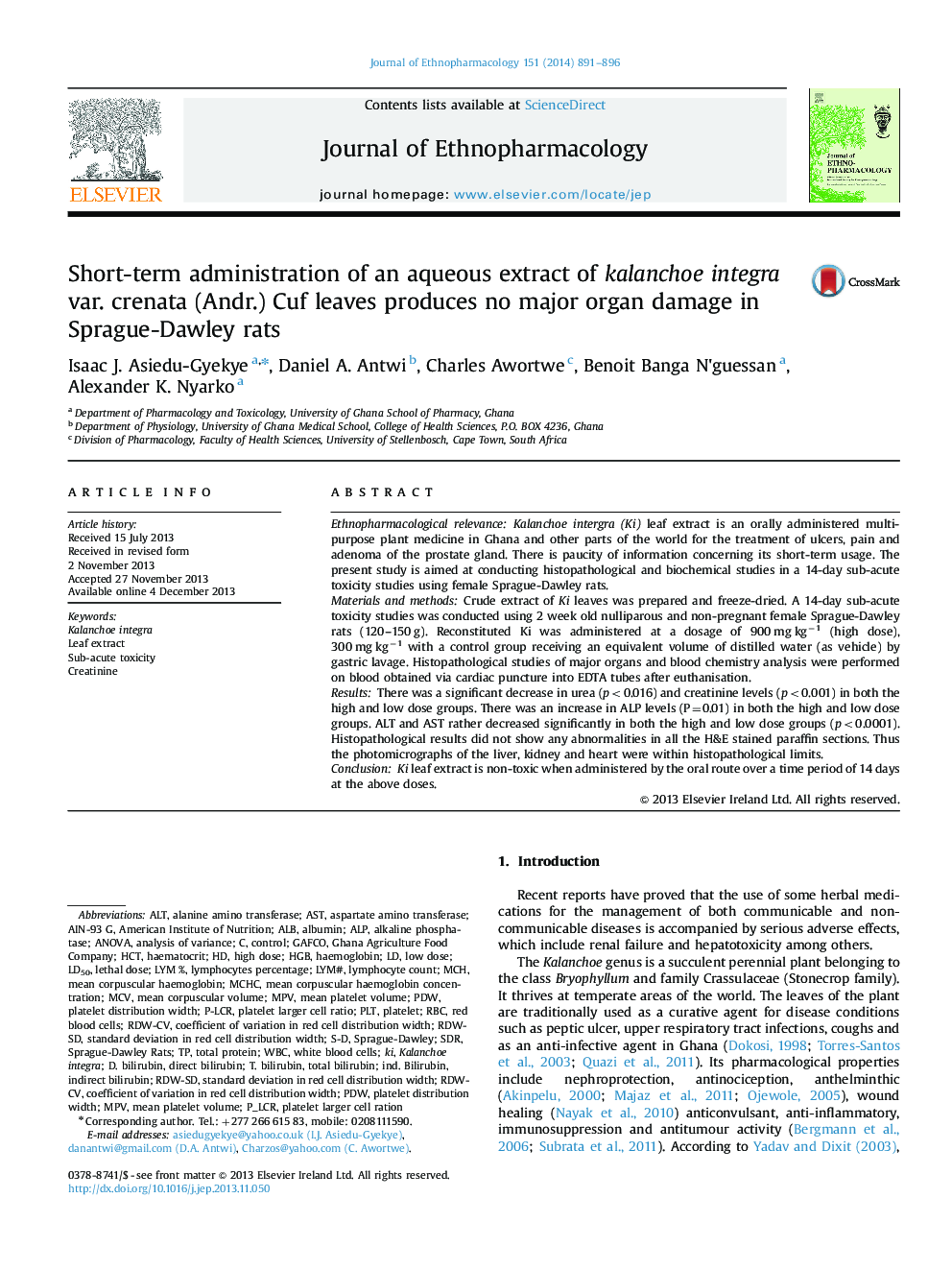 Short-term administration of an aqueous extract of kalanchoe integra var. crenata (Andr.) Cuf leaves produces no major organ damage in Sprague-Dawley rats