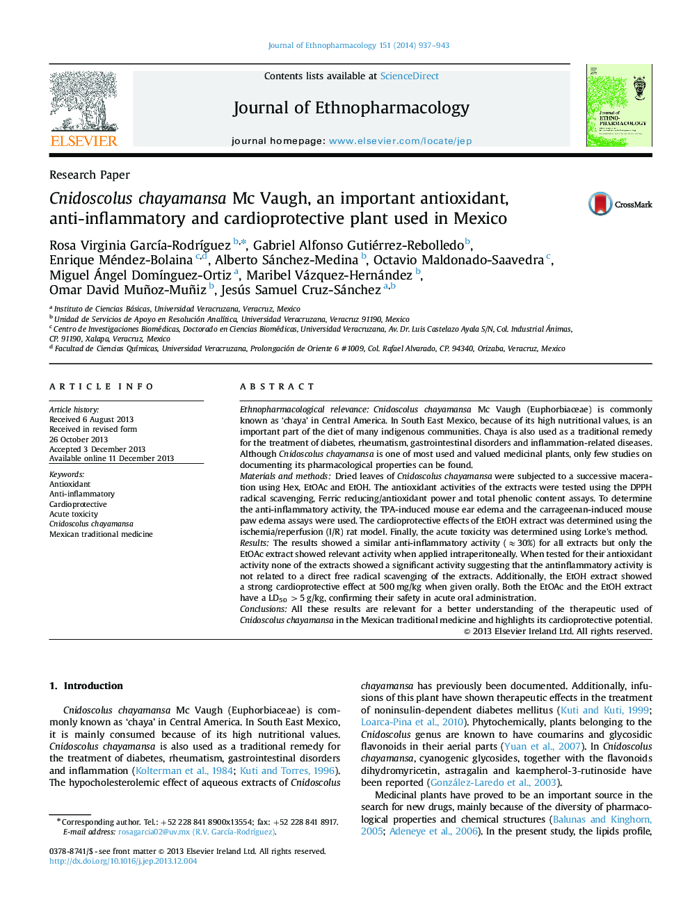 Cnidoscolus chayamansa Mc Vaugh, an important antioxidant, anti-inflammatory and cardioprotective plant used in Mexico