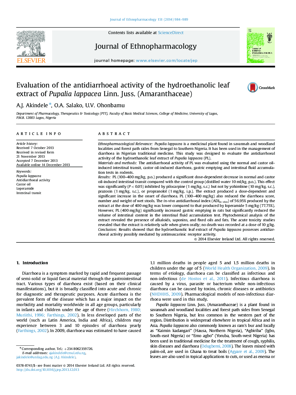 Evaluation of the antidiarrhoeal activity of the hydroethanolic leaf extract of Pupalia lappacea Linn. Juss. (Amaranthaceae)