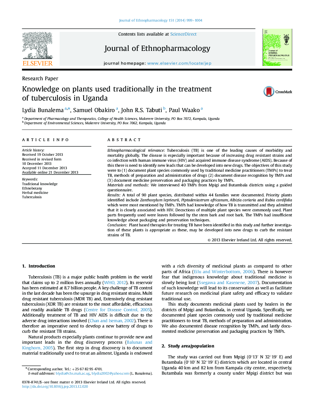 Knowledge on plants used traditionally in the treatment of tuberculosis in Uganda