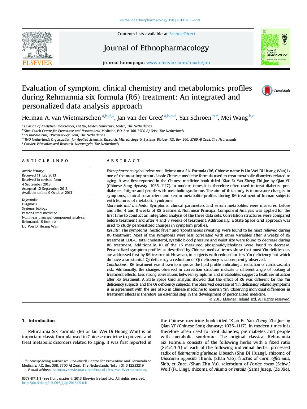 Evaluation of symptom, clinical chemistry and metabolomics profiles during Rehmannia six formula (R6) treatment: An integrated and personalized data analysis approach