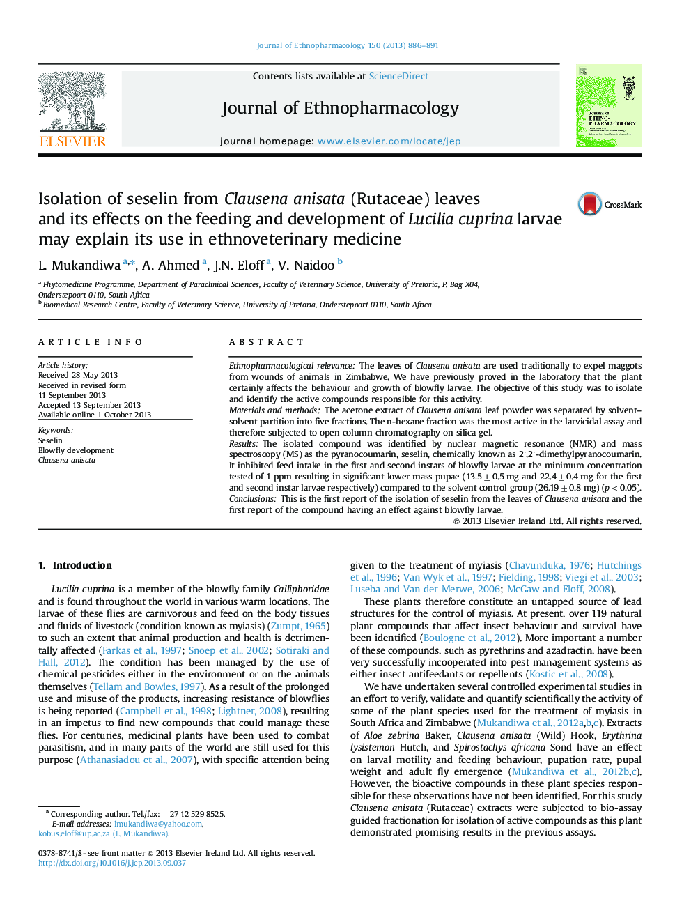 Isolation of seselin from Clausena anisata (Rutaceae) leaves and its effects on the feeding and development of Lucilia cuprina larvae may explain its use in ethnoveterinary medicine