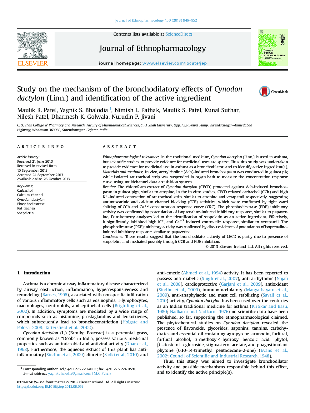 Study on the mechanism of the bronchodilatory effects of Cynodon dactylon (Linn.) and identification of the active ingredient