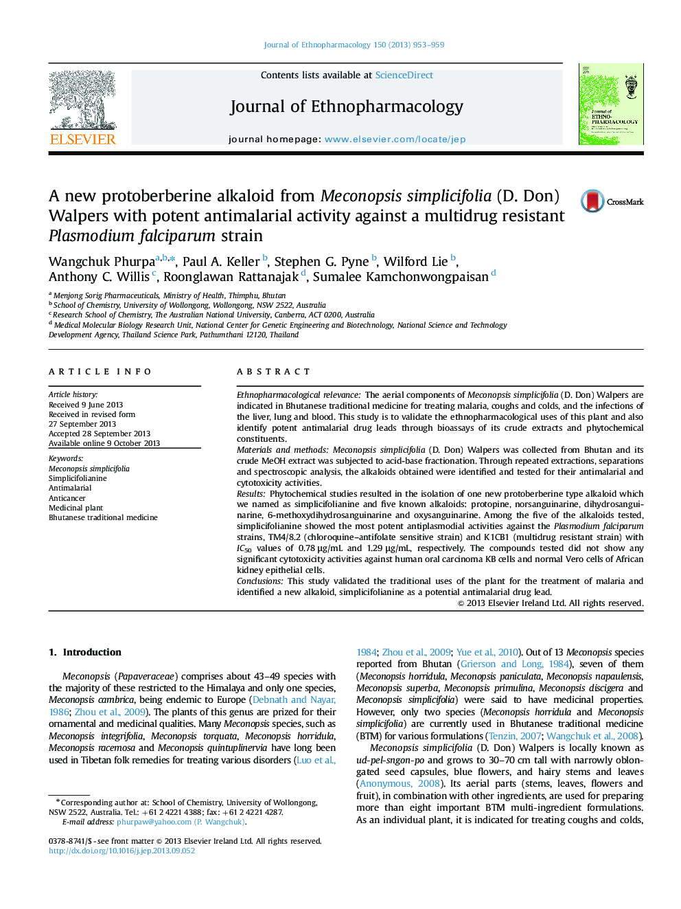 A new protoberberine alkaloid from Meconopsis simplicifolia (D. Don) Walpers with potent antimalarial activity against a multidrug resistant Plasmodium falciparum strain