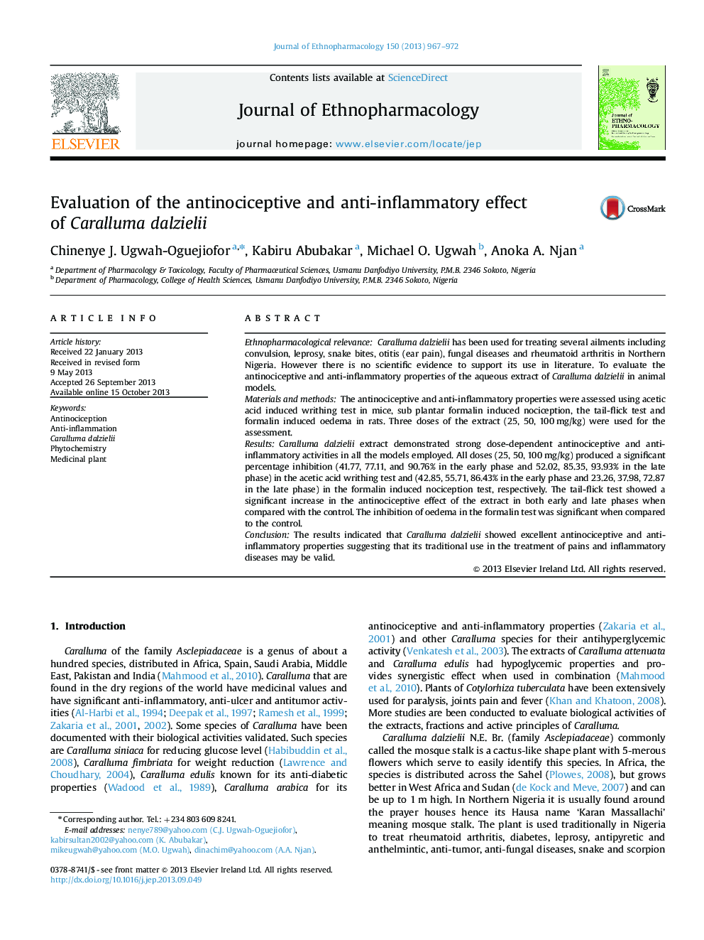 Evaluation of the antinociceptive and anti-inflammatory effect of Caralluma dalzielii