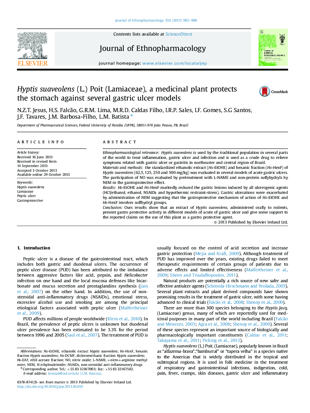 Hyptis suaveolens (L.) Poit (Lamiaceae), a medicinal plant protects the stomach against several gastric ulcer models