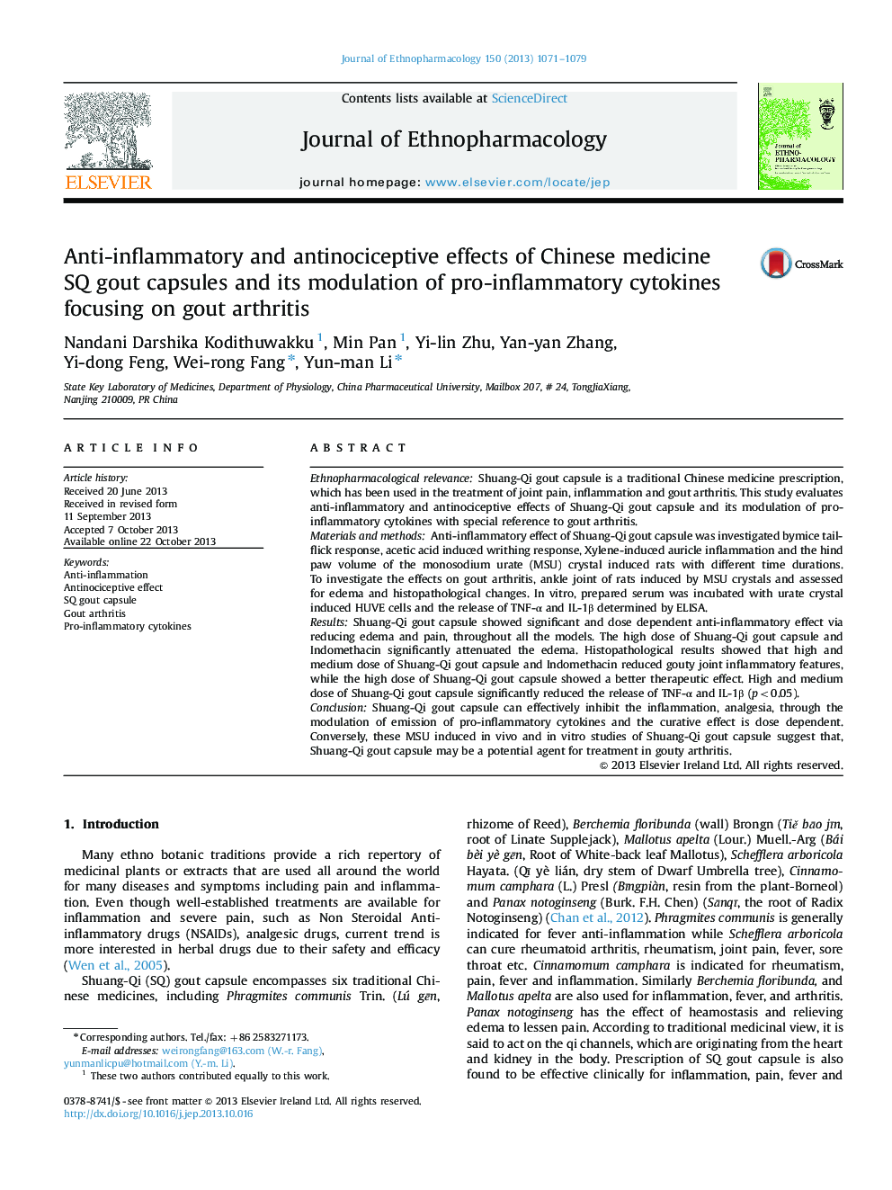 Anti-inflammatory and antinociceptive effects of Chinese medicine SQ gout capsules and its modulation of pro-inflammatory cytokines focusing on gout arthritis