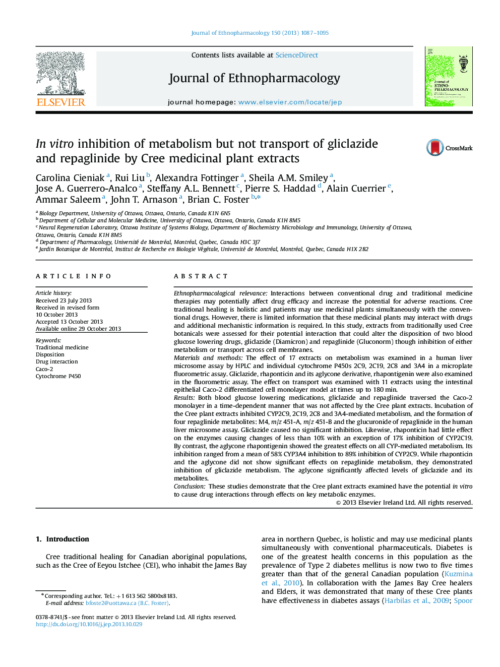In vitro inhibition of metabolism but not transport of gliclazide and repaglinide by Cree medicinal plant extracts