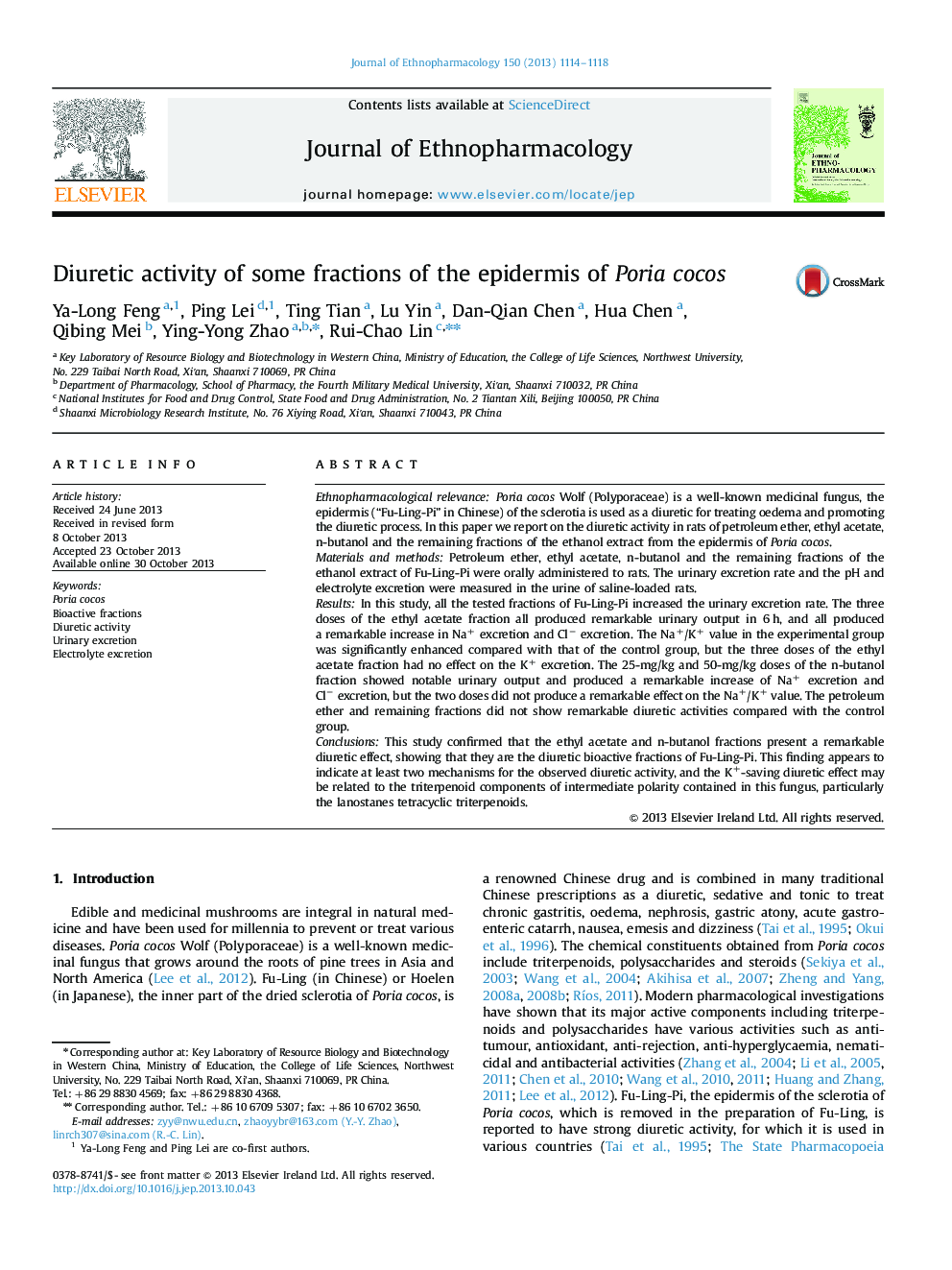 Diuretic activity of some fractions of the epidermis of Poria cocos