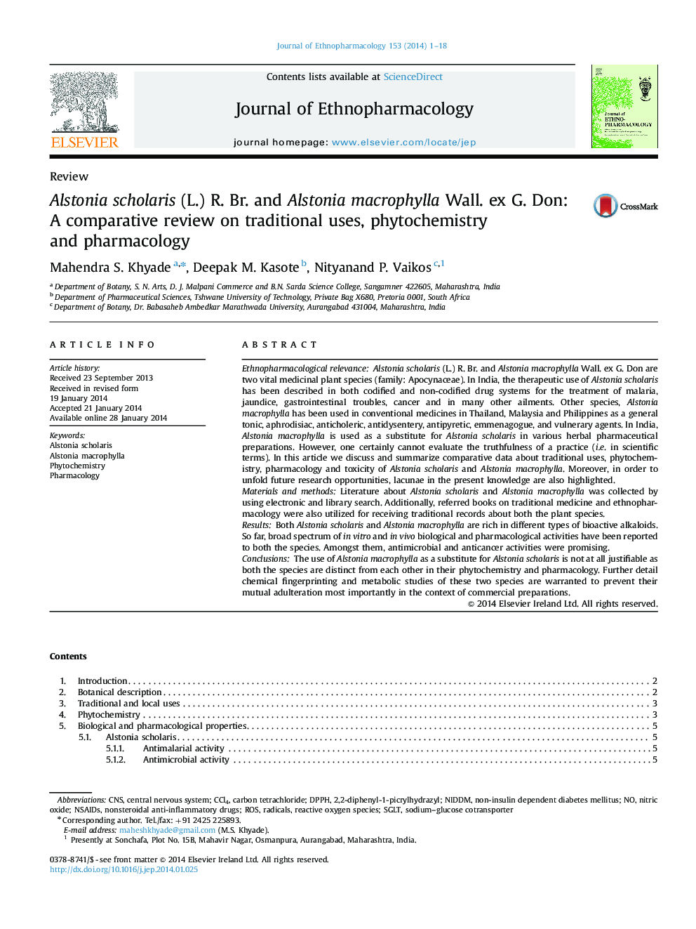 Alstonia scholaris (L.) R. Br. and Alstonia macrophylla Wall. ex G. Don: A comparative review on traditional uses, phytochemistry and pharmacology