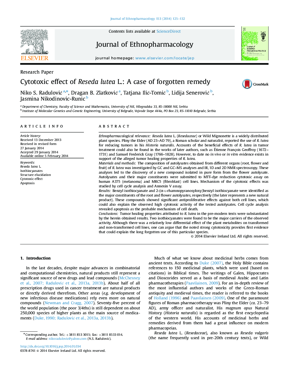 Cytotoxic effect of Reseda lutea L.: A case of forgotten remedy