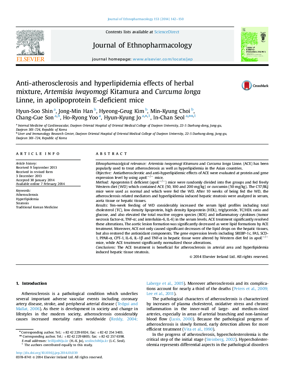 Anti-atherosclerosis and hyperlipidemia effects of herbal mixture, Artemisia iwayomogi Kitamura and Curcuma longa Linne, in apolipoprotein E-deficient mice