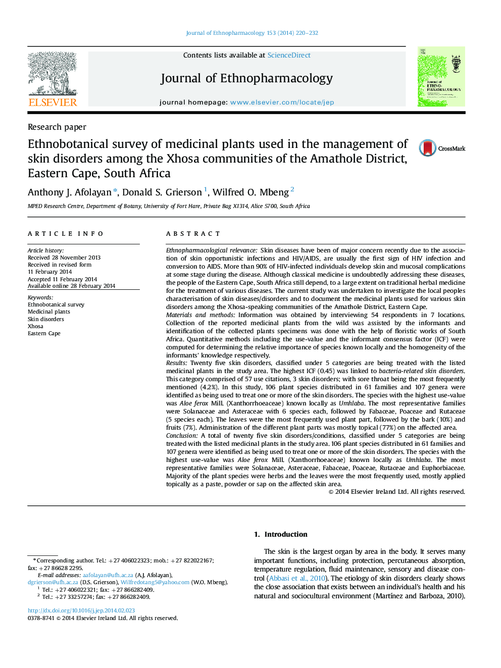 Ethnobotanical survey of medicinal plants used in the management of skin disorders among the Xhosa communities of the Amathole District, Eastern Cape, South Africa