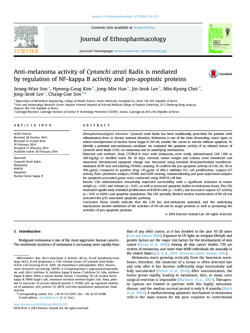 Anti-melanoma activity of Cynanchi atrati Radix is mediated by regulation of NF-kappa B activity and pro-apoptotic proteins