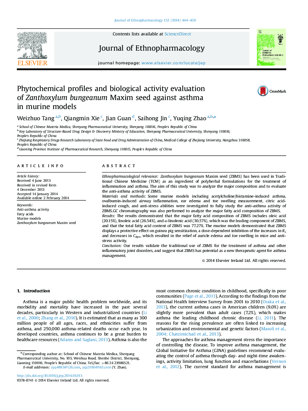 Phytochemical profiles and biological activity evaluation of Zanthoxylum bungeanum Maxim seed against asthma in murine models