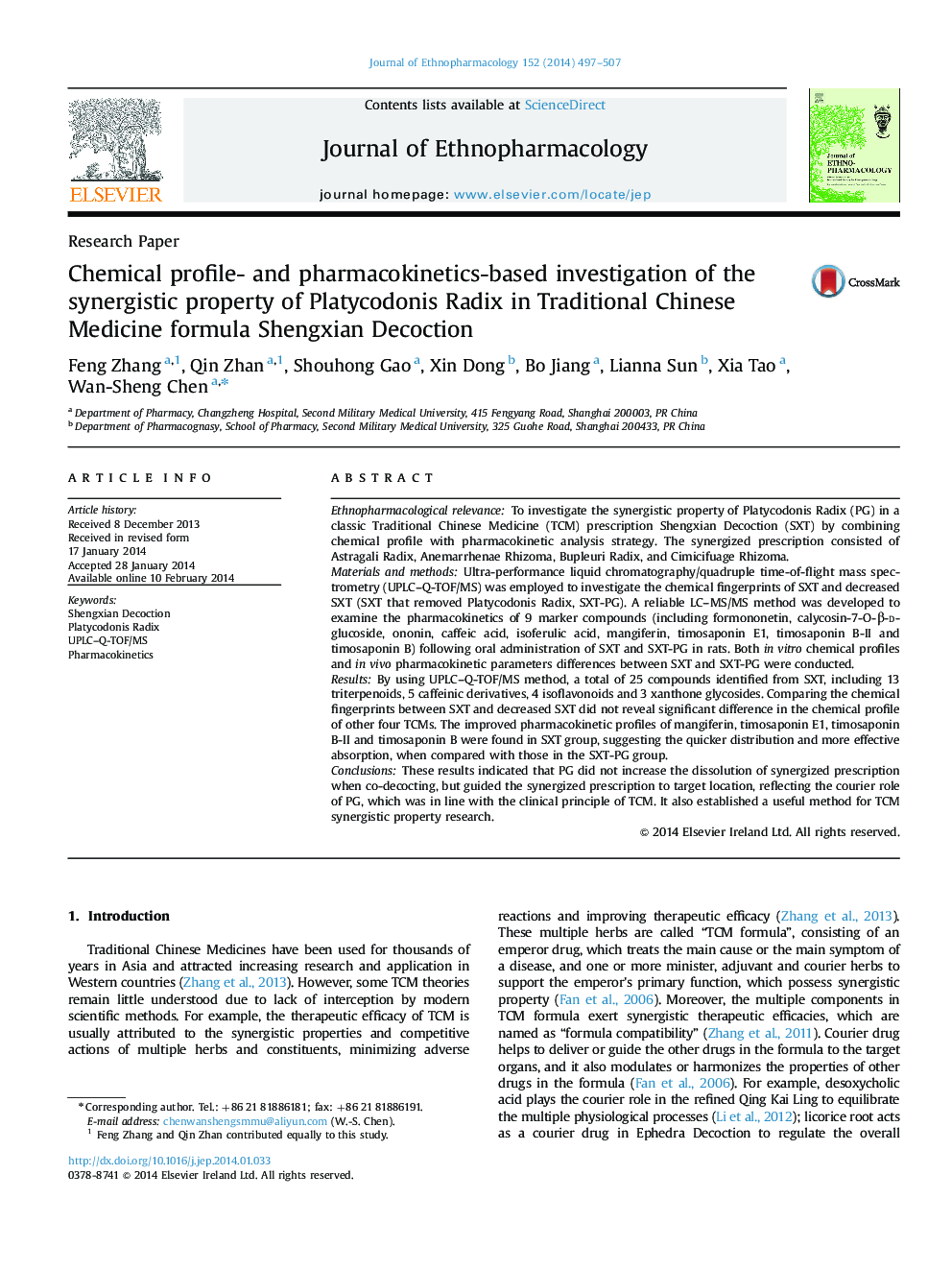 Chemical profile- and pharmacokinetics-based investigation of the synergistic property of Platycodonis Radix in Traditional Chinese Medicine formula Shengxian Decoction