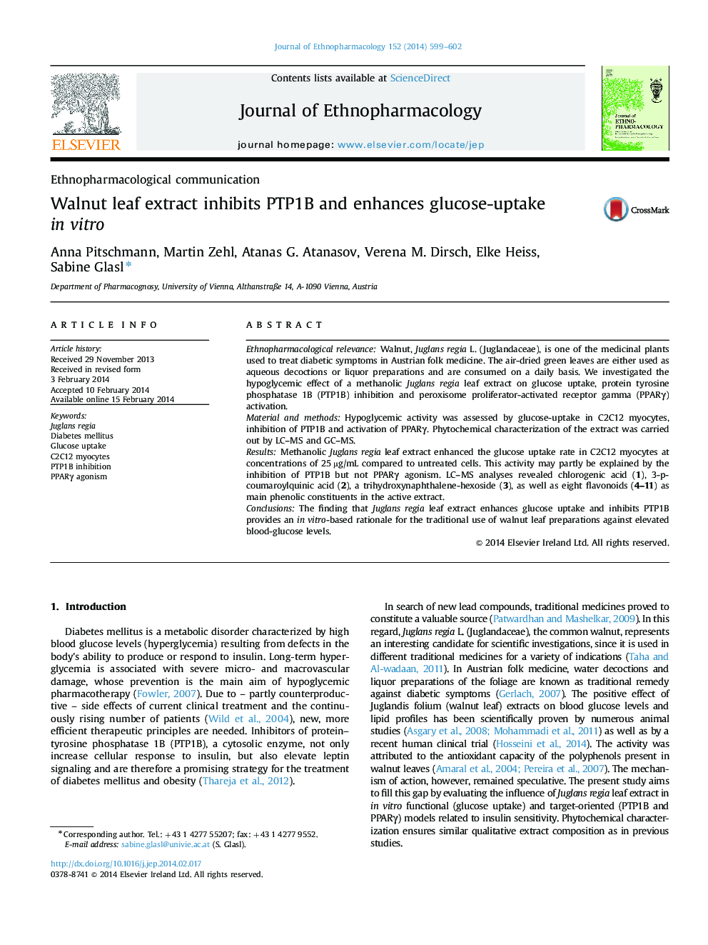 Walnut leaf extract inhibits PTP1B and enhances glucose-uptake in vitro