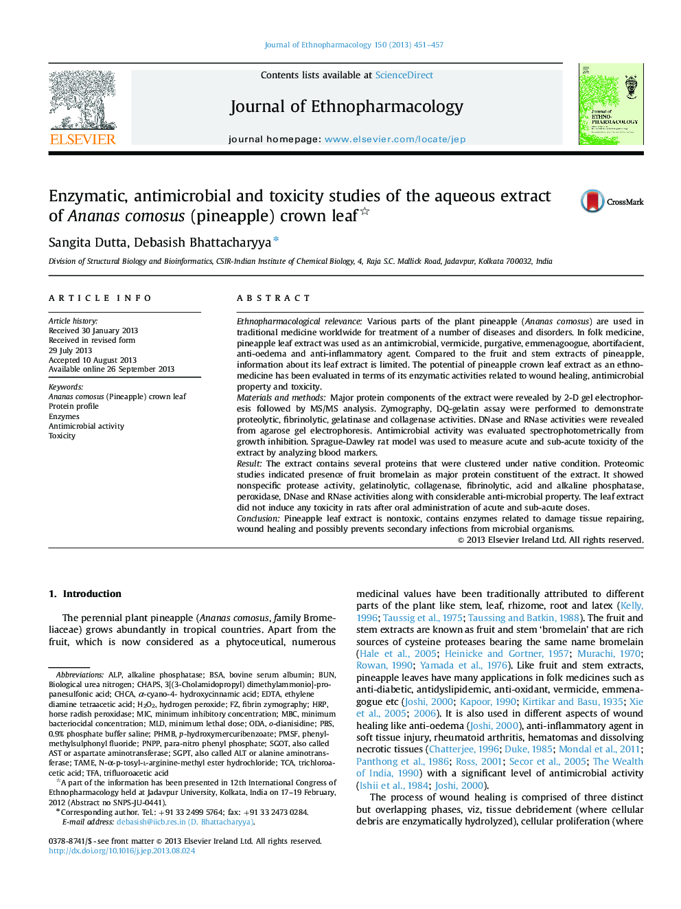 Enzymatic, antimicrobial and toxicity studies of the aqueous extract of Ananas comosus (pineapple) crown leaf 