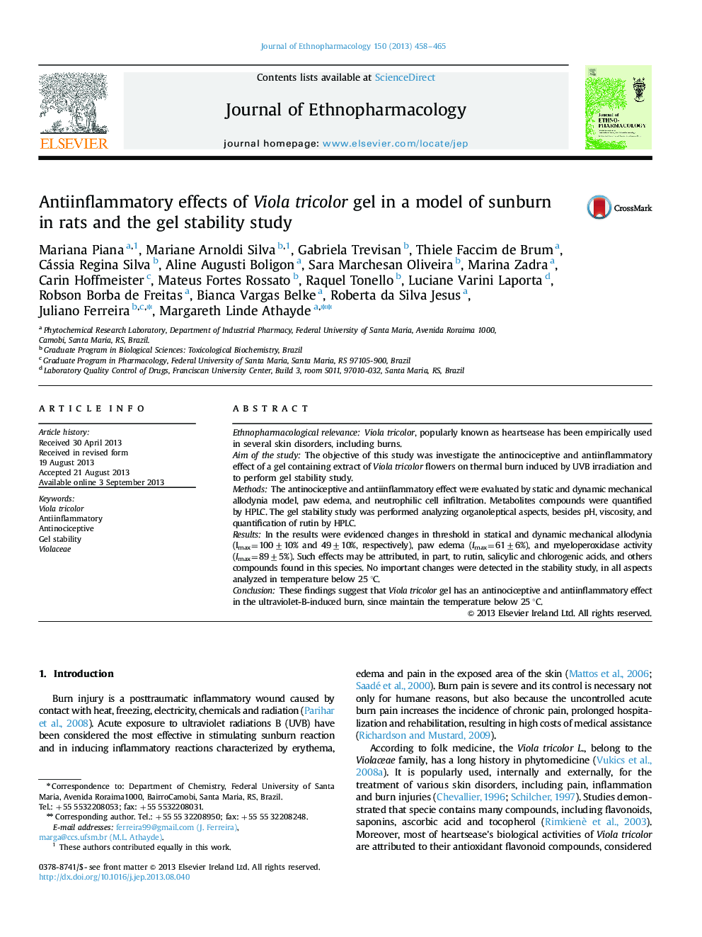 Antiinflammatory effects of Viola tricolor gel in a model of sunburn in rats and the gel stability study