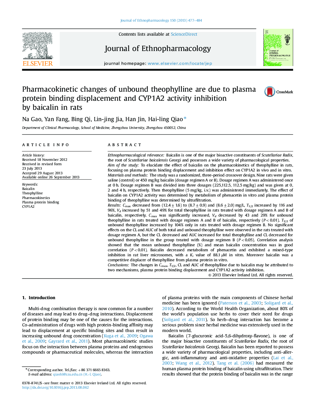 Pharmacokinetic changes of unbound theophylline are due to plasma protein binding displacement and CYP1A2 activity inhibition by baicalin in rats