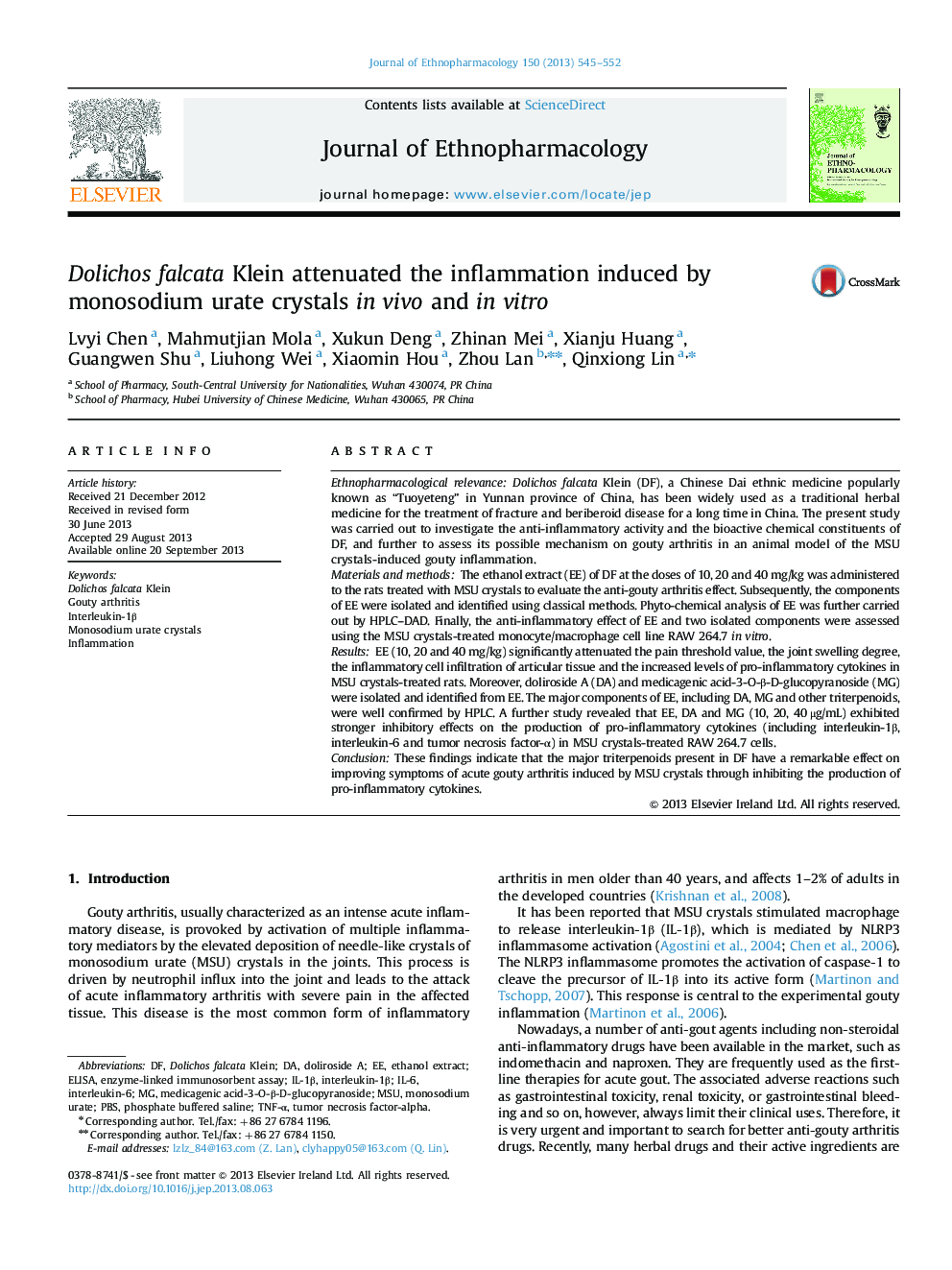 Dolichos falcata Klein attenuated the inflammation induced by monosodium urate crystals in vivo and in vitro