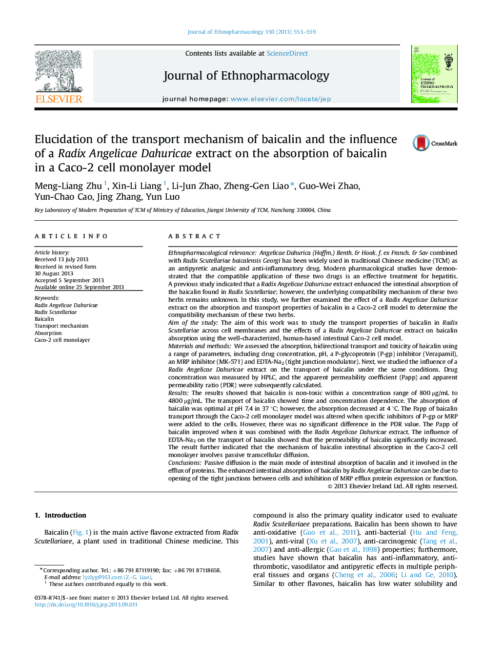 Elucidation of the transport mechanism of baicalin and the influence of a Radix Angelicae Dahuricae extract on the absorption of baicalin in a Caco-2 cell monolayer model