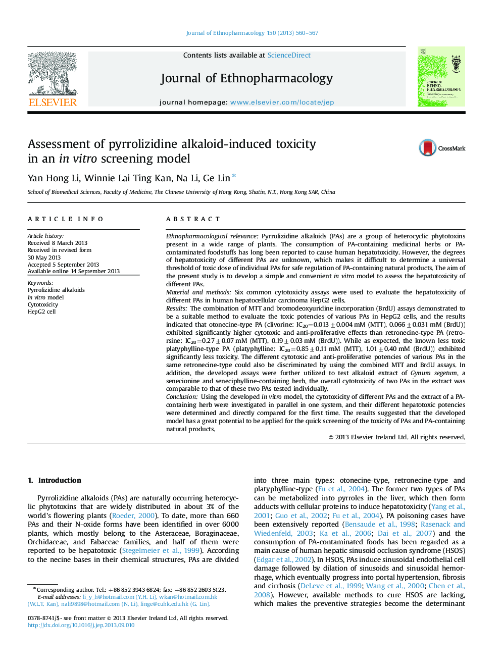 Assessment of pyrrolizidine alkaloid-induced toxicity in an in vitro screening model