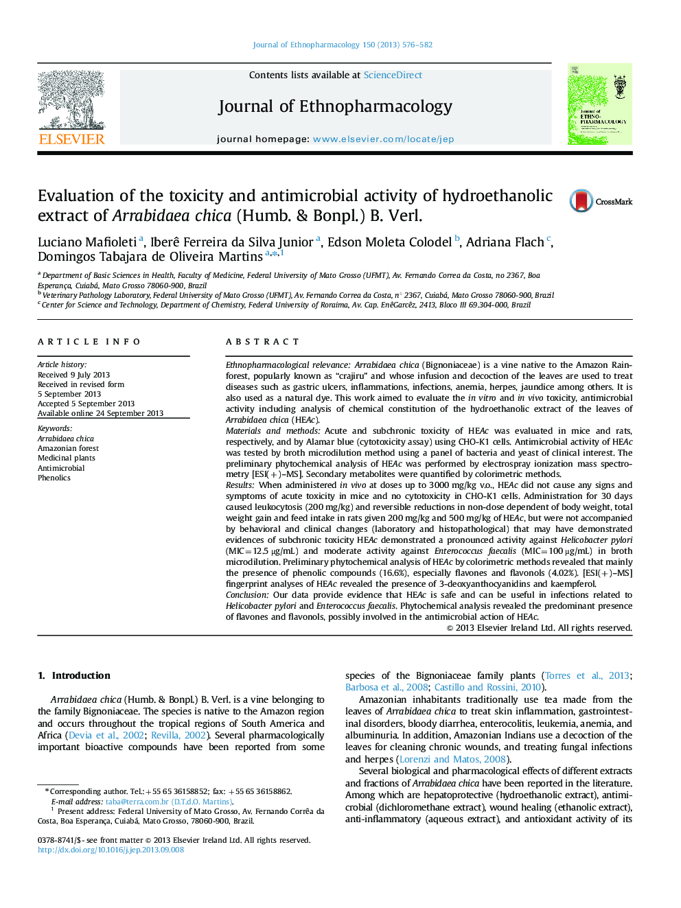 Evaluation of the toxicity and antimicrobial activity of hydroethanolic extract of Arrabidaea chica (Humb. & Bonpl.) B. Verl.