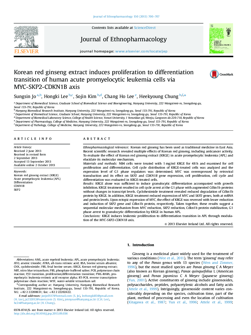 Korean red ginseng extract induces proliferation to differentiation transition of human acute promyelocytic leukemia cells via MYC-SKP2-CDKN1B axis