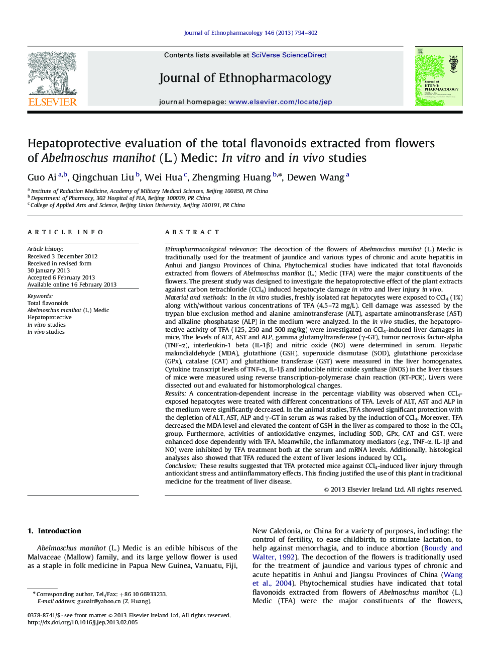 Hepatoprotective evaluation of the total flavonoids extracted from flowers of Abelmoschus manihot (L.) Medic: In vitro and in vivo studies