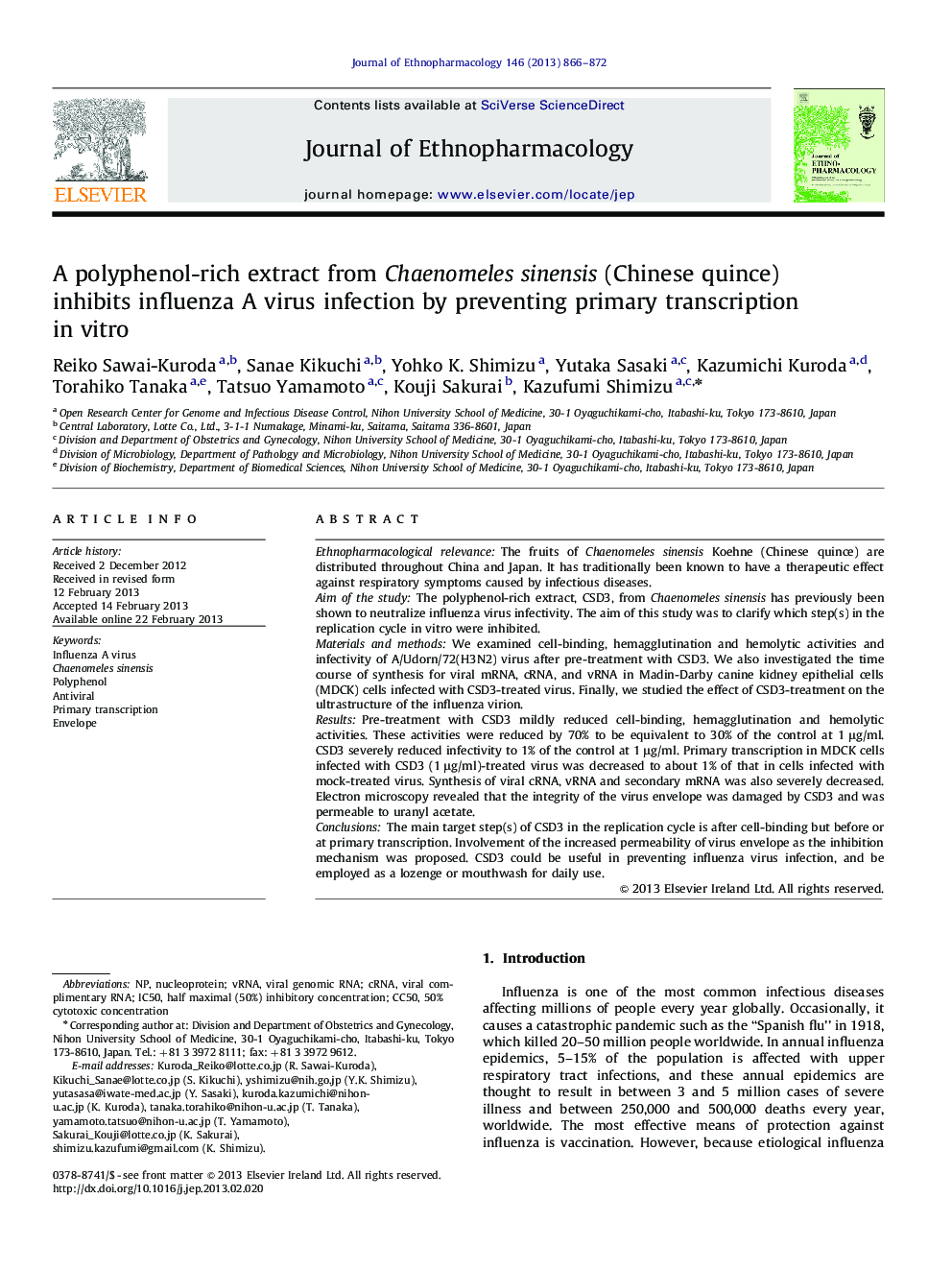 A polyphenol-rich extract from Chaenomeles sinensis (Chinese quince) inhibits influenza A virus infection by preventing primary transcription in vitro