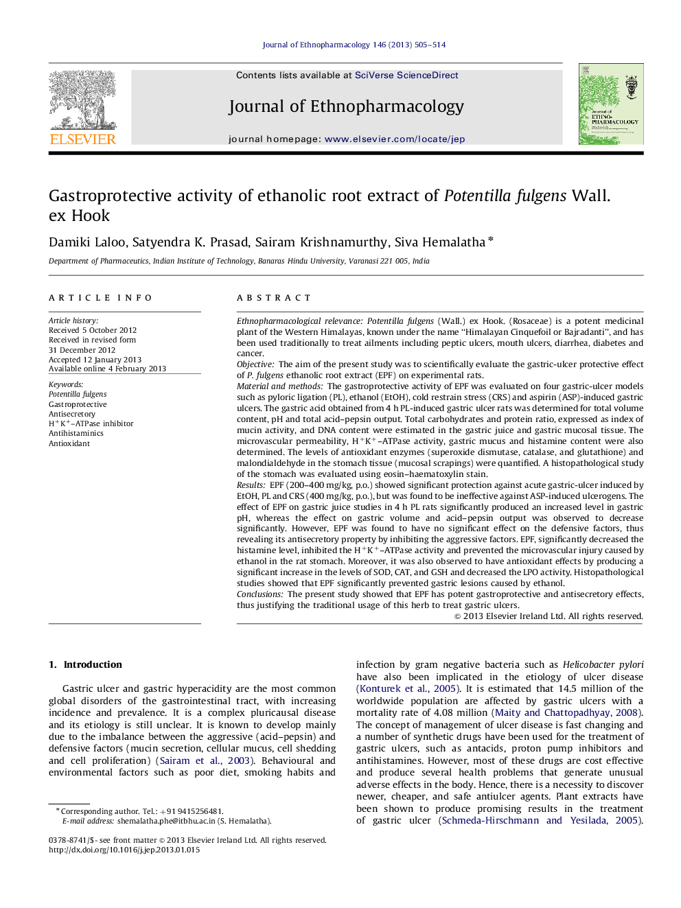 Gastroprotective activity of ethanolic root extract of Potentilla fulgens Wall. ex Hook