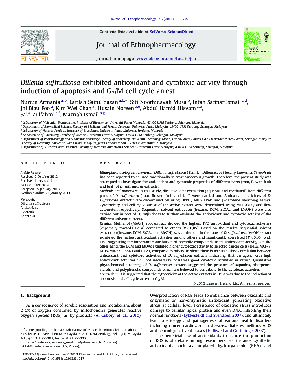 Dillenia suffruticosa exhibited antioxidant and cytotoxic activity through induction of apoptosis and G2/M cell cycle arrest