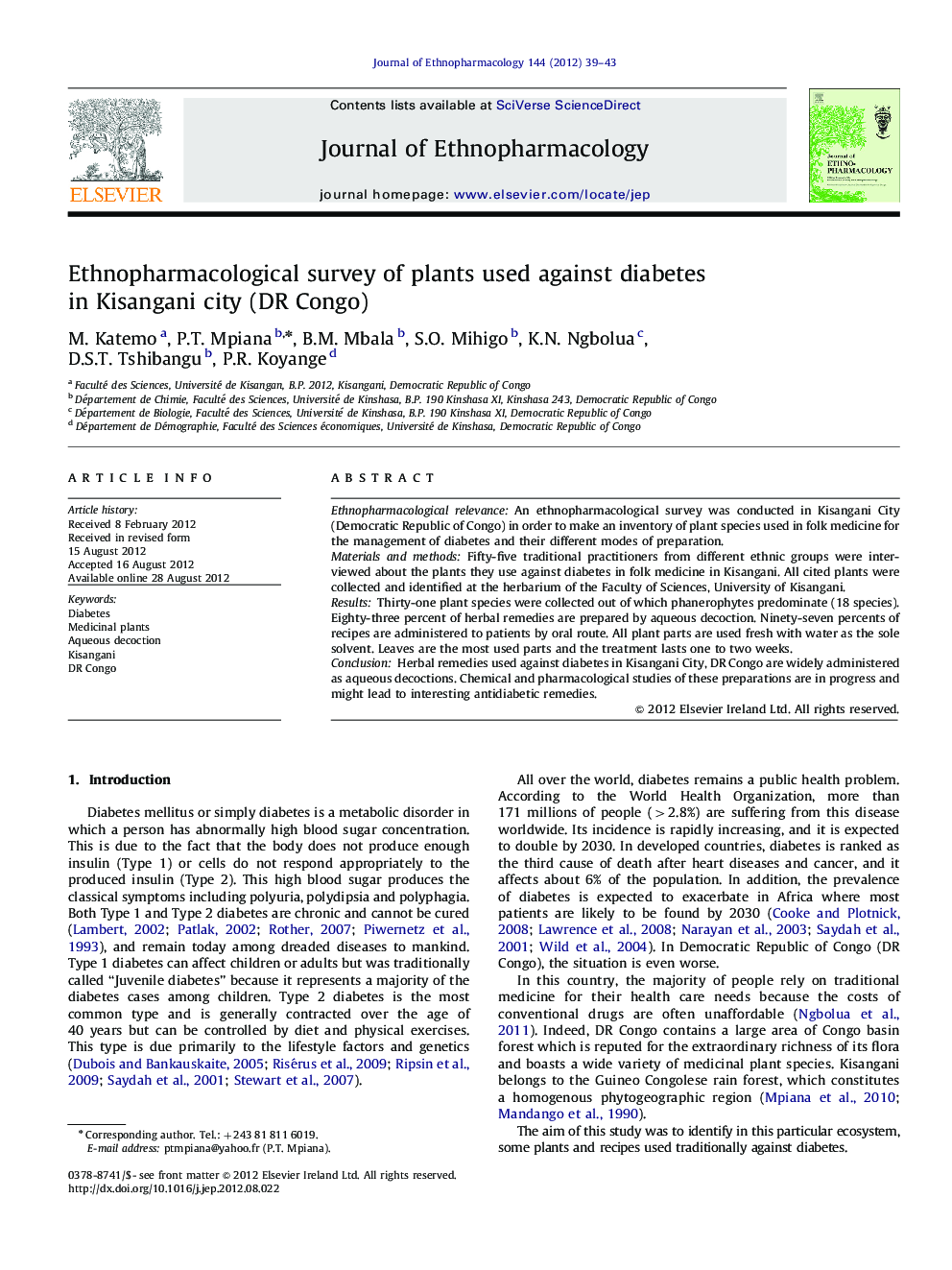 Ethnopharmacological survey of plants used against diabetes in Kisangani city (DR Congo)