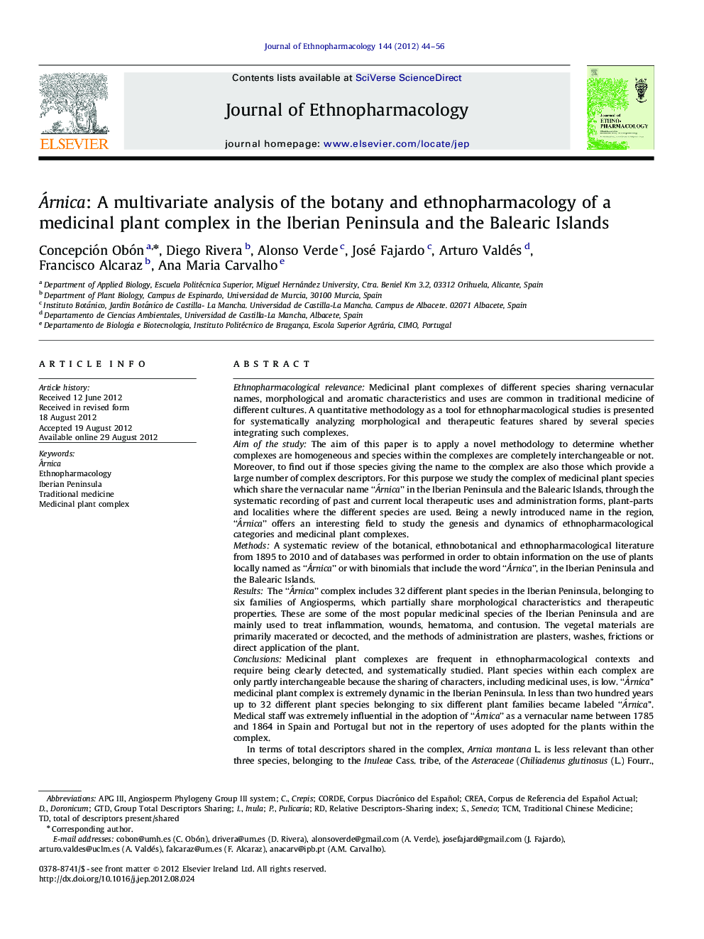 Árnica: A multivariate analysis of the botany and ethnopharmacology of a medicinal plant complex in the Iberian Peninsula and the Balearic Islands