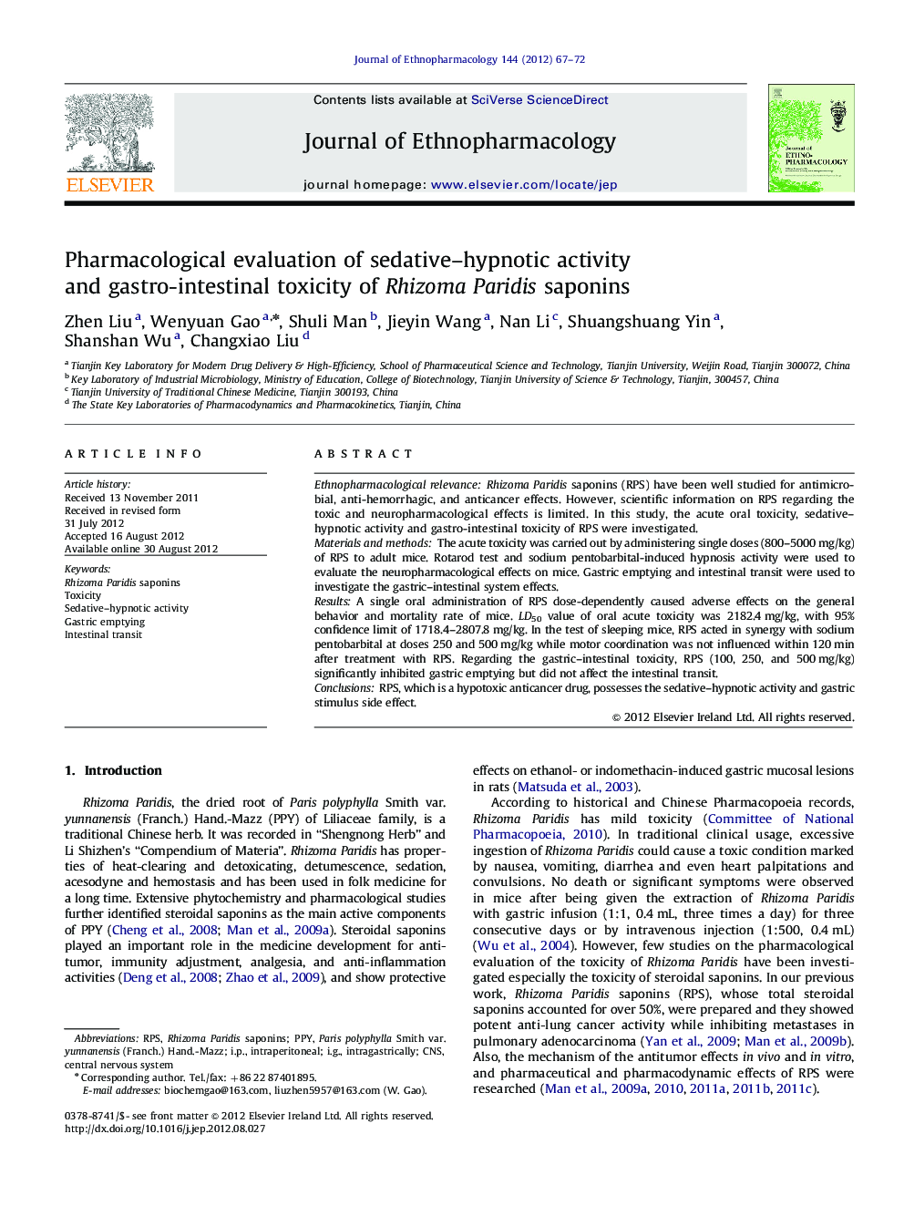 Pharmacological evaluation of sedative–hypnotic activity and gastro-intestinal toxicity of Rhizoma Paridis saponins