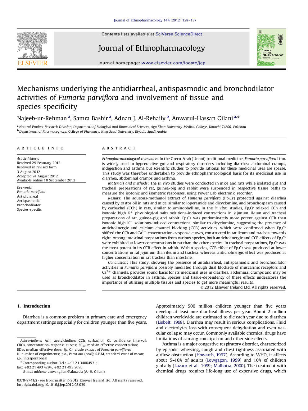 Mechanisms underlying the antidiarrheal, antispasmodic and bronchodilator activities of Fumaria parviflora and involvement of tissue and species specificity