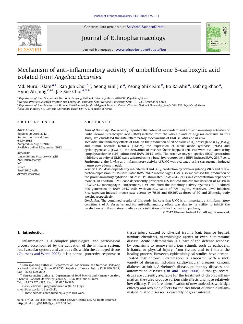 Mechanism of anti-inflammatory activity of umbelliferone 6-carboxylic acid isolated from Angelica decursiva