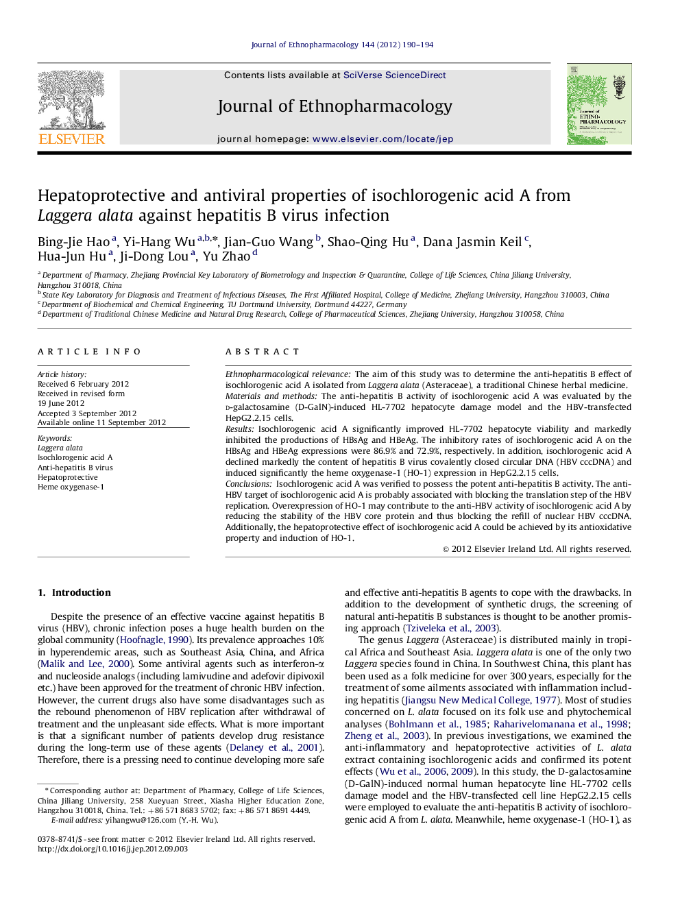 Hepatoprotective and antiviral properties of isochlorogenic acid A from Laggera alata against hepatitis B virus infection