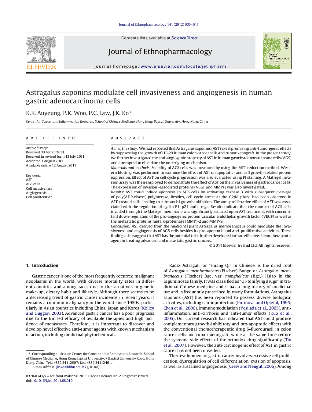 عکس صفحه اول مقاله: Astragalus saponins modulate cell invasiveness and angiogenesis in human gastric adenocarcinoma cells Astragalus saponins modulate cell invasiveness and angiogenesis in human gastric adenocarcinoma cells