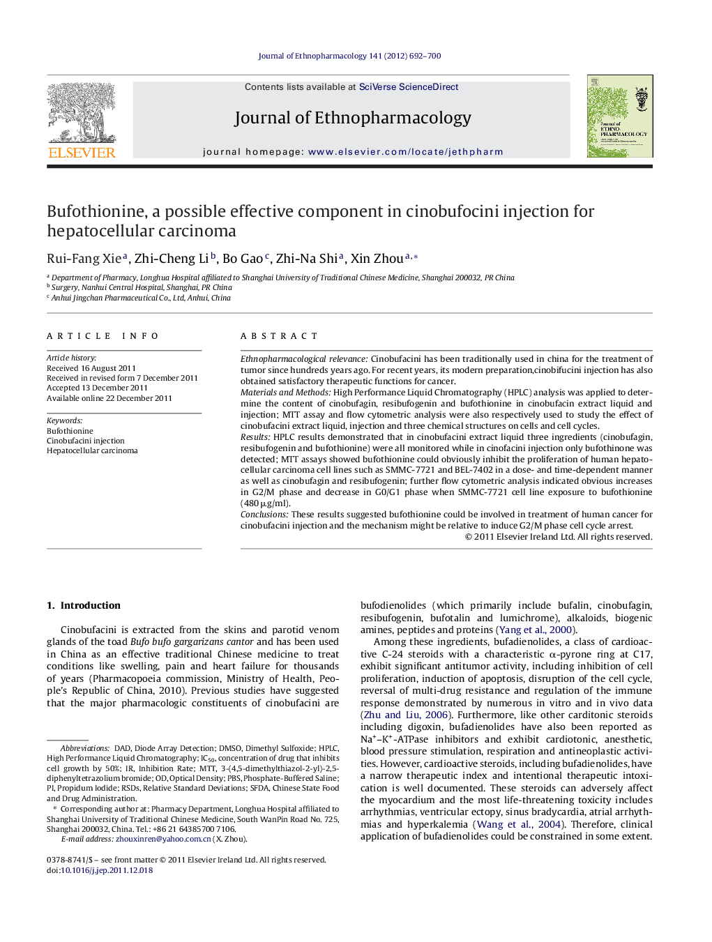 Bufothionine, a possible effective component in cinobufocini injection for hepatocellular carcinoma