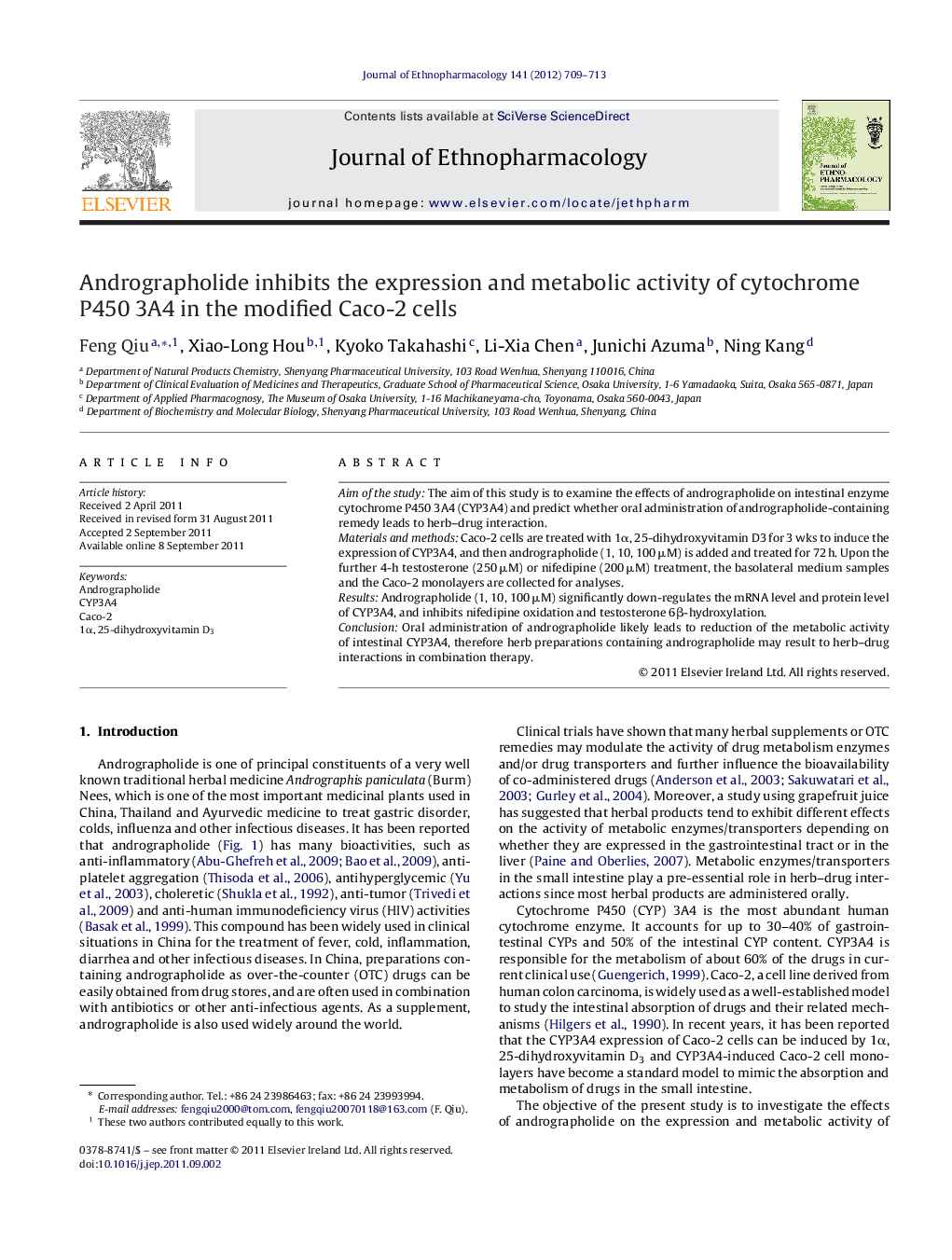Andrographolide inhibits the expression and metabolic activity of cytochrome P450 3A4 in the modified Caco-2 cells