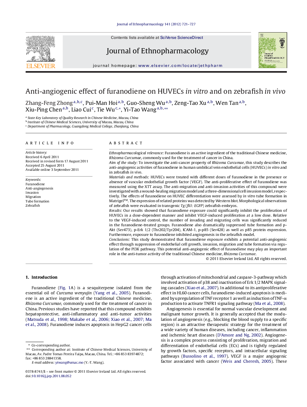 Anti-angiogenic effect of furanodiene on HUVECs in vitro and on zebrafish in vivo